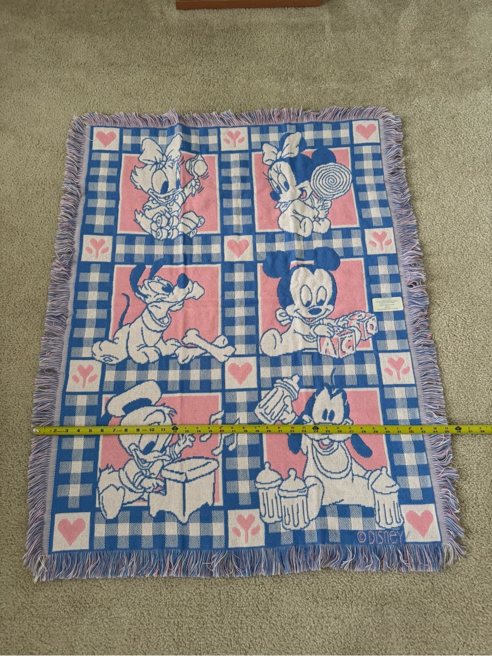 Vintage 1994 Avon Disney Baby Characters Woven Throw Blanket Pink Blue Fringe - Picture 7 of 7